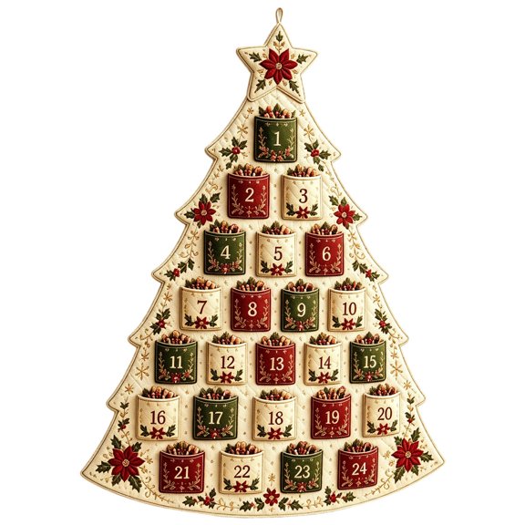 CZSCPDAW DIY Fabric Christmas Advent Tree Kit with 24 Numbered Pockets for Wall Hanging Countdown Decor, Ivory