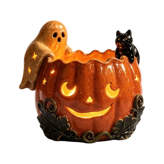 CZSCPDAW Halloween Pumpkin Candle Holder with Ghost and Black Cat, Ceramic Tea Light Lantern for Fall Tabletop Decor