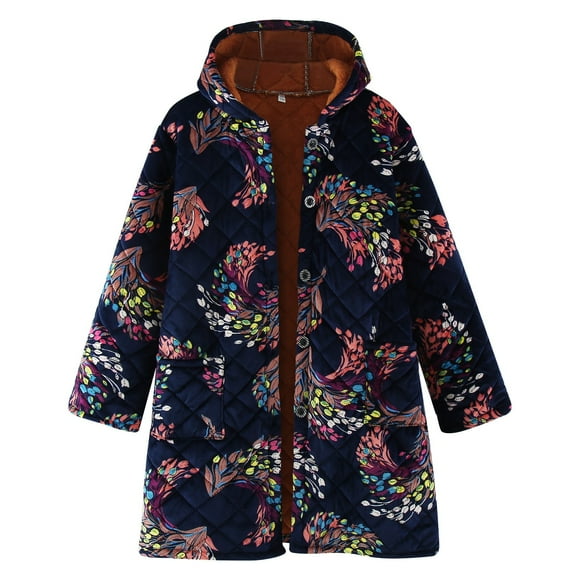 CZSCPDAW Women's Casual Plaid Lapel Woolen Button Up Pocketed Long Coat Autumn And Winter Coat Jacket Long Sleeved Retro Floral Print Padded Cotton Jacket Warm And Soft Coat