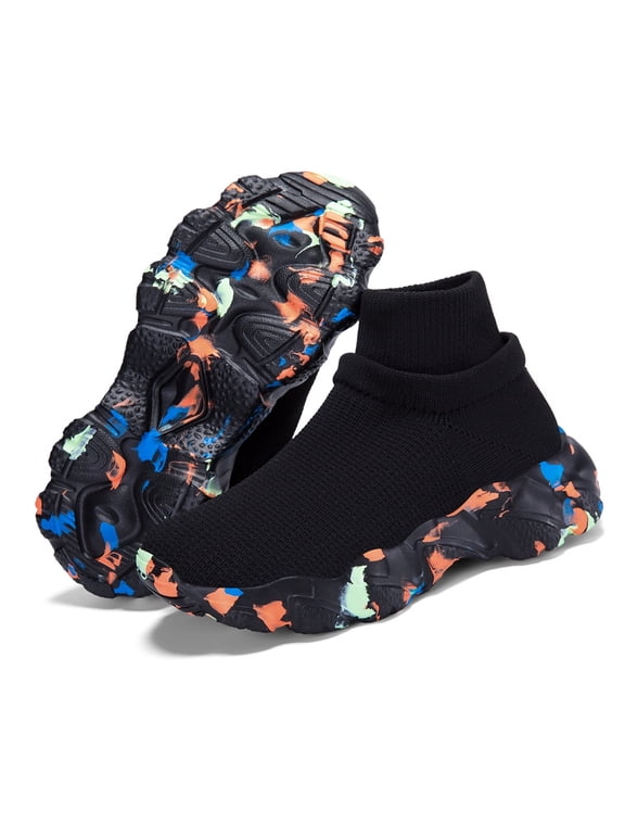 Kids Black Double-Sided High Ankle Slip-On Knit Sneakers, Breathable Non-Slip Cushioned Shoes for Toddler/Little/Big Kid Indoor & Outdoor Use