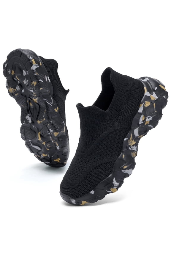 Kids' Sock Sneakers Lightweight Breathable Slip-On Shoes for Boys & Girls - Non-Slip Casual Walking Shoes for Toddler/Little Kid,Size 4 Big Kid,Black and Grey