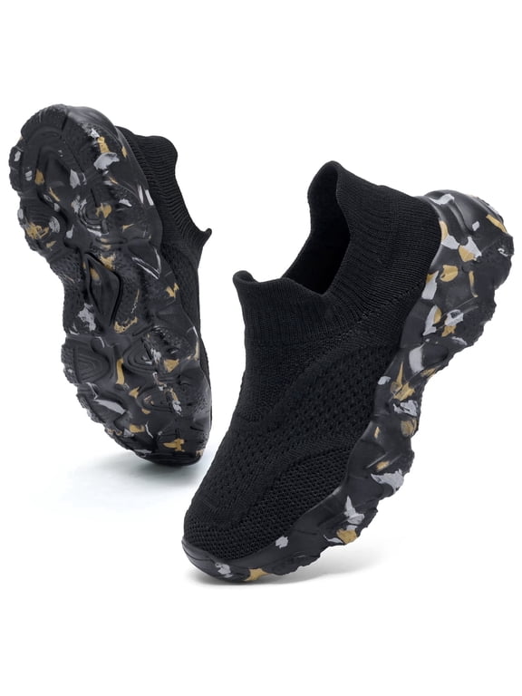 Kids' Sock Sneakers Lightweight Breathable Slip-On Shoes for Boys & Girls - Non-Slip Casual Walking Shoes for Toddler/Little Kid,Size 4 Big Kid,Black and Grey