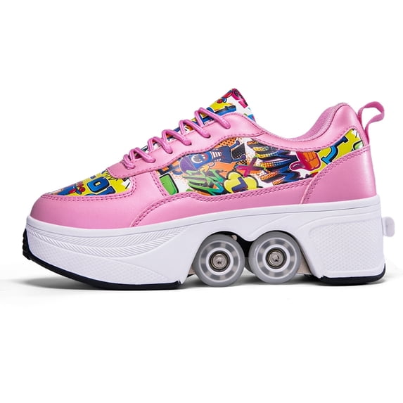 CZV Women's & Teens Graffiti Print Four-Wheel Convertible Roller Skate Shoes,2-in-1 Roller Skates & Sneakers Unisex Retractable Wheels Indoor Outdoor Fun & Fitness Kick Roller Shoes