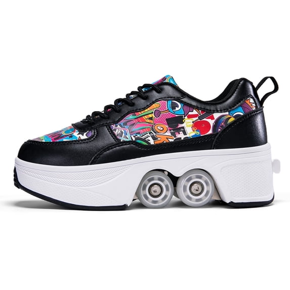 CZV Women's & Teens Graffiti Print Four-Wheel Convertible Roller Skate Shoes,2-in-1 Roller Skates & Sneakers Unisex Retractable Wheels Indoor Outdoor Fun & Fitness Kick Roller Shoes
