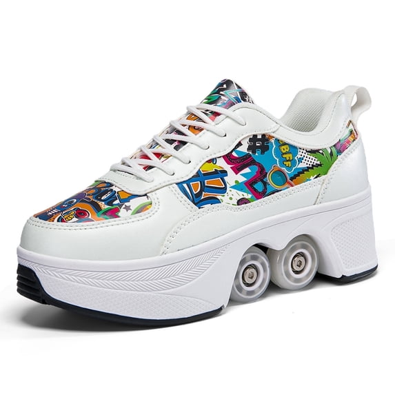 CZV Women's & Teens Graffiti Print Four-Wheel Convertible Roller Skate Shoes,2-in-1 Roller Skates & Sneakers Unisex Retractable Wheels Indoor Outdoor Fun & Fitness Kick Roller Shoes