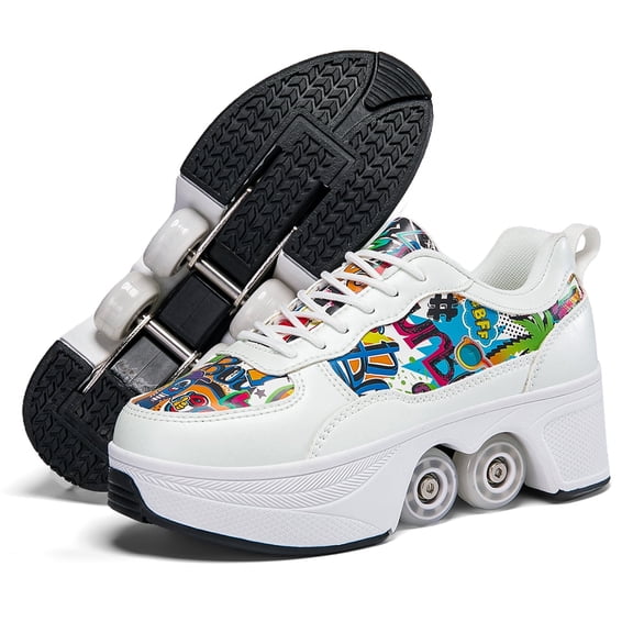 CZV Women's & Teens Graffiti Print Four-Wheel Convertible Roller Skate Shoes,2-in-1 Roller Skates & Sneakers Unisex Retractable Wheels Indoor Outdoor Fun & Fitness Kick Roller Shoes