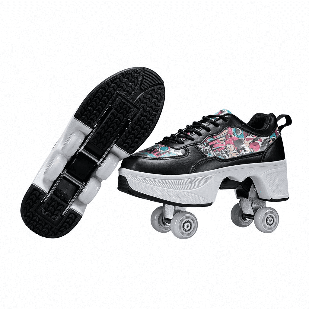CZV Women's & Teens Graffiti Print Four-Wheel Convertible Roller Skate Shoes,2-in-1 Roller Skates & Sneakers Unisex Retractable Wheels Indoor Outdoor Fun & Fitness Kick Roller Shoes