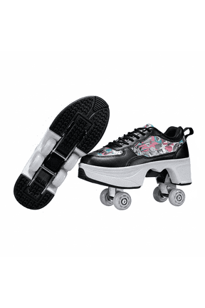 Women's & Teens Graffiti Print Four-Wheel Convertible Roller Skate Shoes,2-in-1 Roller Skates & Sneakers Unisex Retractable Wheels Indoor Outdoor Fun & Fitness Kick Roller Shoes