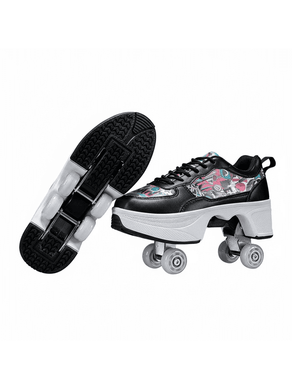 Women's & Teens Graffiti Print Four-Wheel Convertible Roller Skate Shoes,2-in-1 Roller Skates & Sneakers Unisex Retractable Wheels Indoor Outdoor Fun & Fitness Kick Roller Shoes