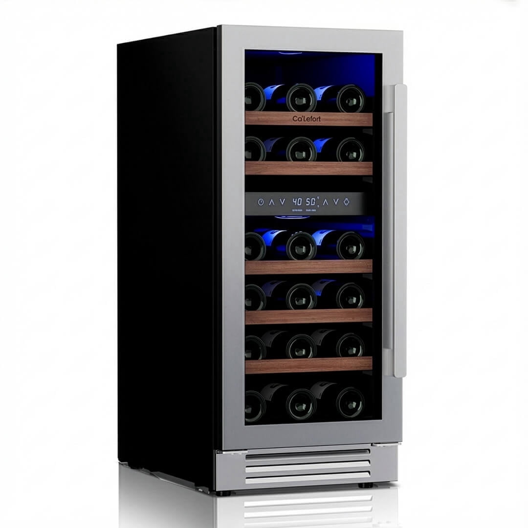 Ca'Lefort 15 Inch Wine Cooler Refrigerator, 28 Bottle Dual Zone Wine Fridge with Reversible Tempered Glass Door,Built in or Freestanding