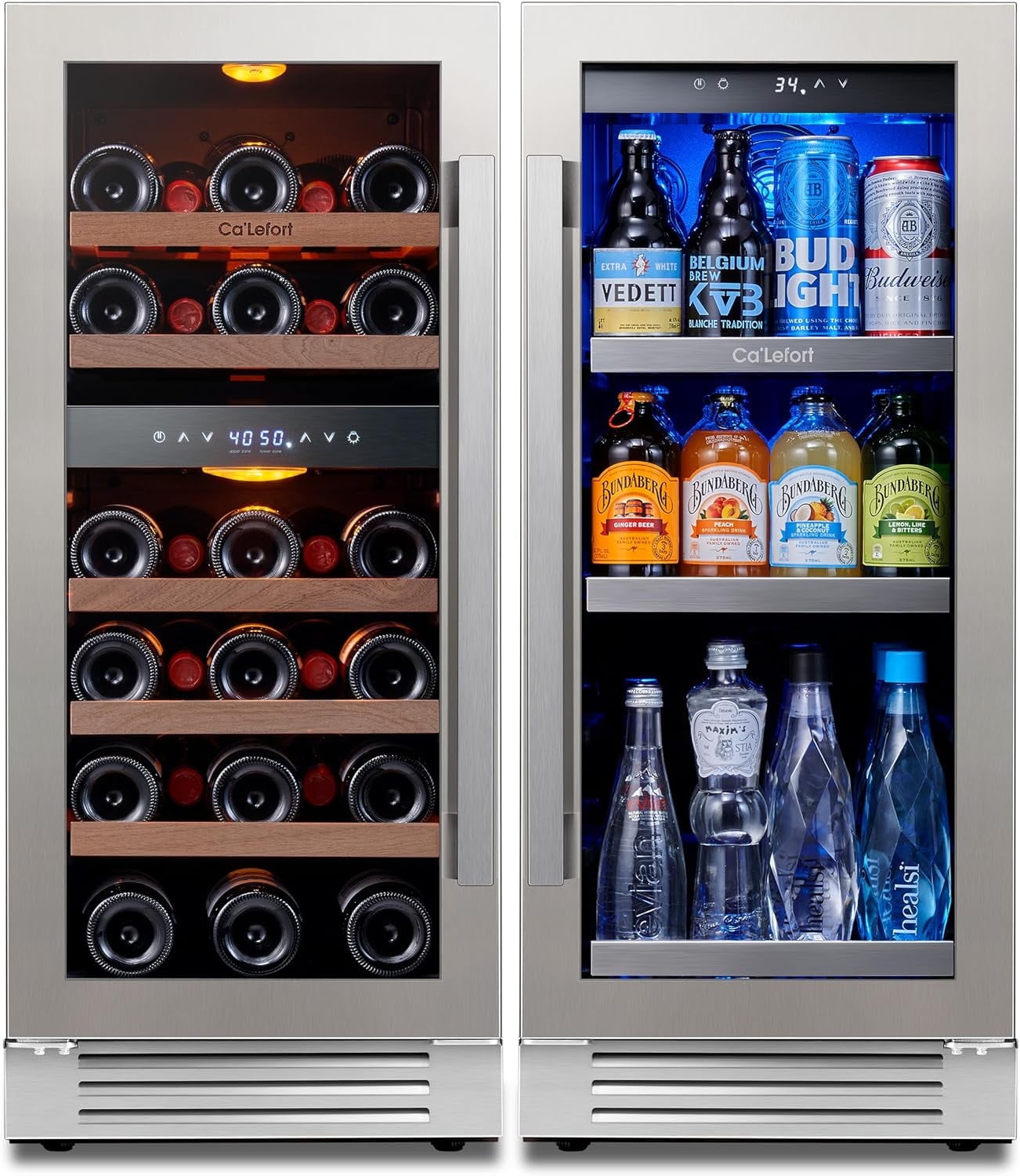 Ca'Lefort 30" Wine and Beverage Refrigerator, 28 Bottles Dual Zone Wine Fridge and 100 Cans Beverage Fridge Cooler with Stainless Steel  Door Framed