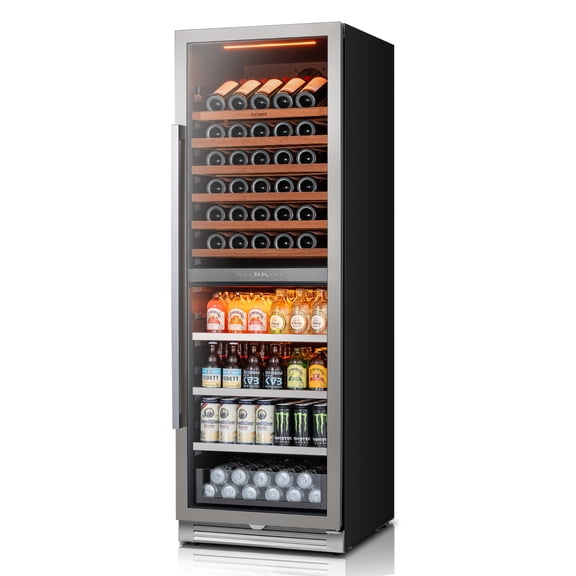Ca'Lefort 24 inch Wine and Beverage Refrigerator Dual Zone 77 Bottle + 177 Can Fridge with Stainless Steel Glass Door for Bar & Home, Freestanding/Built-In