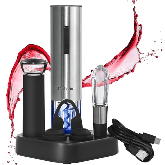 Ca'Lefort Electric Wine Opener with Charging Base - 7 in 1 Automatic Wine Opener Set Rechargeable Corkscrew Kit Contains Foil Cutter Vacuum Stopper and Wine Pourer for Birthday Gift