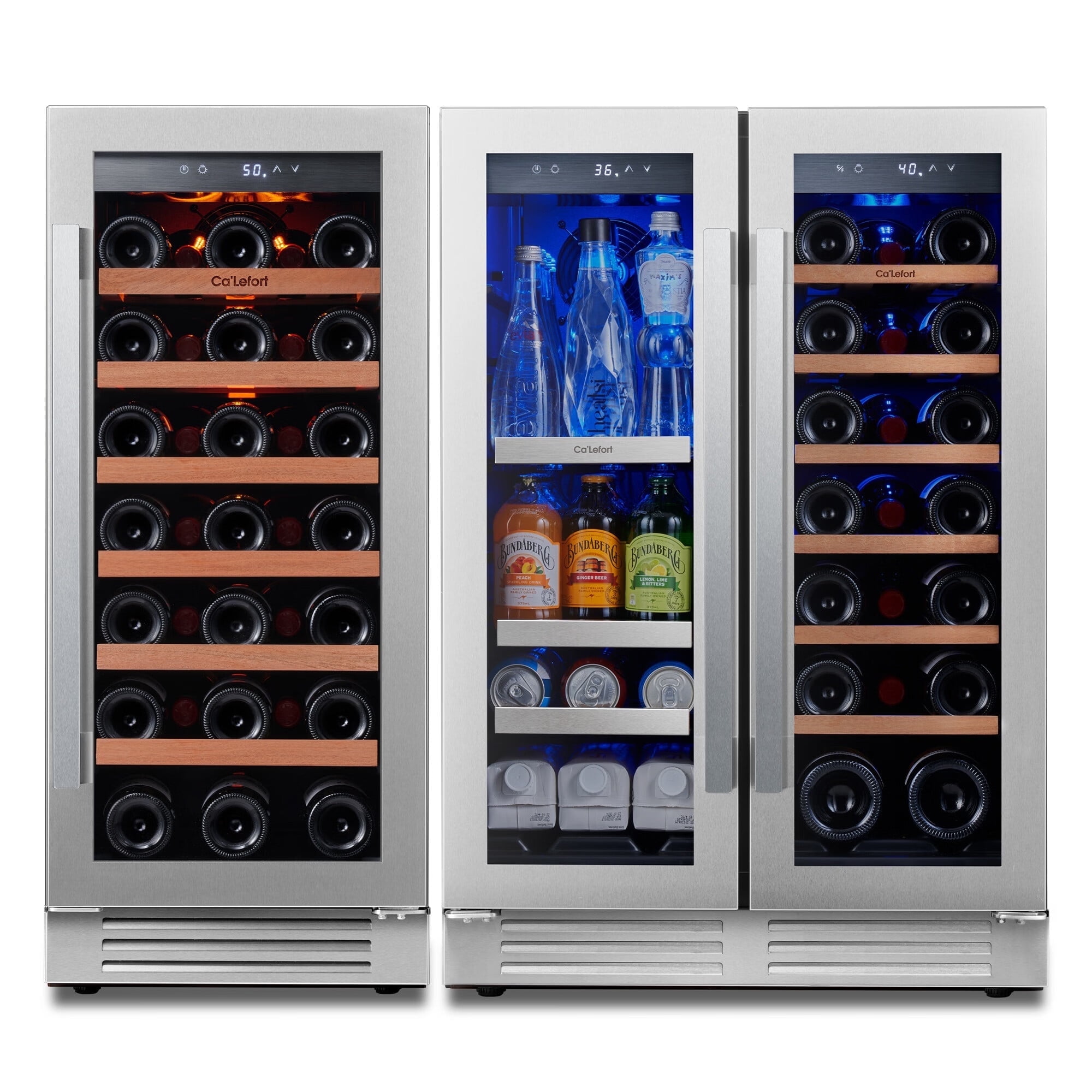 Ca'Lefort Dual Zone Wine Cooler - 60 Cans & 55 Bottles Capacity, Freestanding/Built-in, Stainless Steel Frame for Kitchen or Office