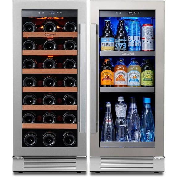 Ca'Lefort Wine and Beverage Refrigerator, 15" Wine Cooler and 15" Beverage Fridge Side-by-Side, Holds 33 Bottles and 100 Cans for Halloween Gifts
