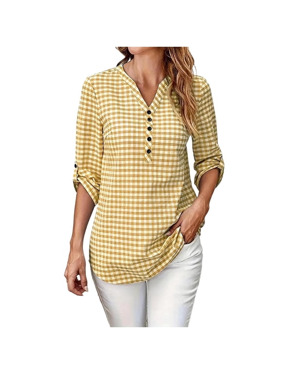 3/4 Length Sleeve Womens Tops Plaid V Neck Button Curved Hem T Shirts Summer Beach Vacation Casual Loose Blouses Yellow