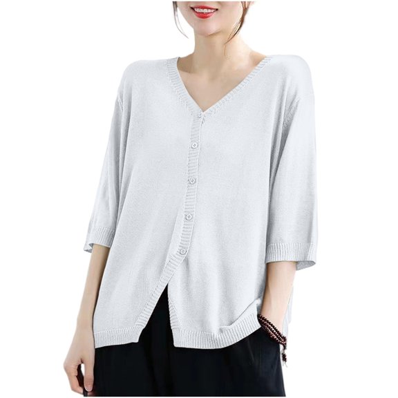 CaComMARK PI 3/4 Sleeve Deep V Neck Button Down Shirts for Women Summer Plus Size Flowy Solid Dressy Casual Blouses White