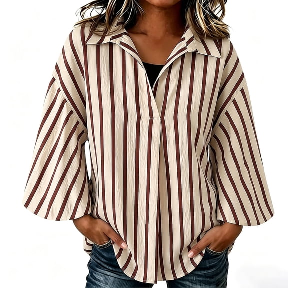 CaComMARK PI 3/4 Sleeve Tops for Women Cropped Summer Shirts Collared Neck Half Sleeve Blouses Ruched Tops Beige