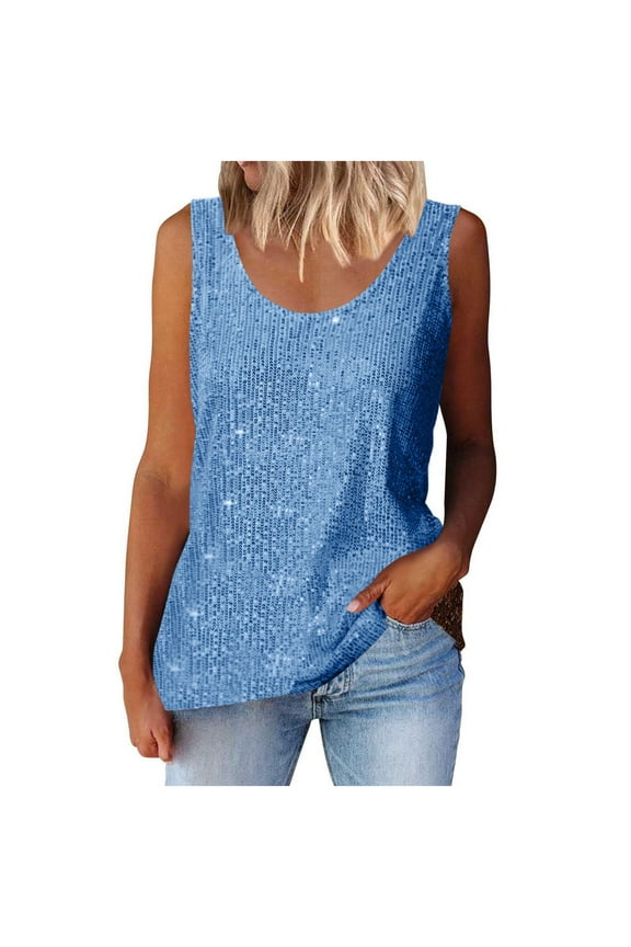 50% off Womens Sequin Tank Tops Glitter Loose Fit Casual Flowy Tank Scoop Neck Trendy Sleeveless Summer Tops Clothes Outfits 2025 Sky Blue 4(S)