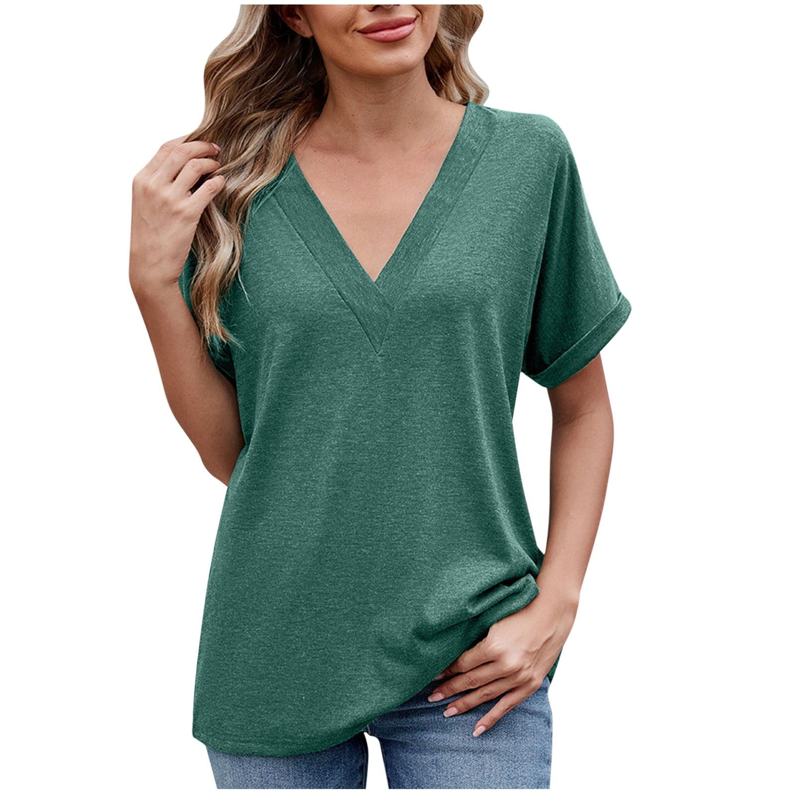 Simple solid color V-neck loose fit women's T-shirt main image 0