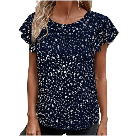 CaComMARK PI 50% off Womens Top Shirt Summer Casual Floral Print Round Neck Basic Ruffle Sleeve Blouses Navy S(S)
