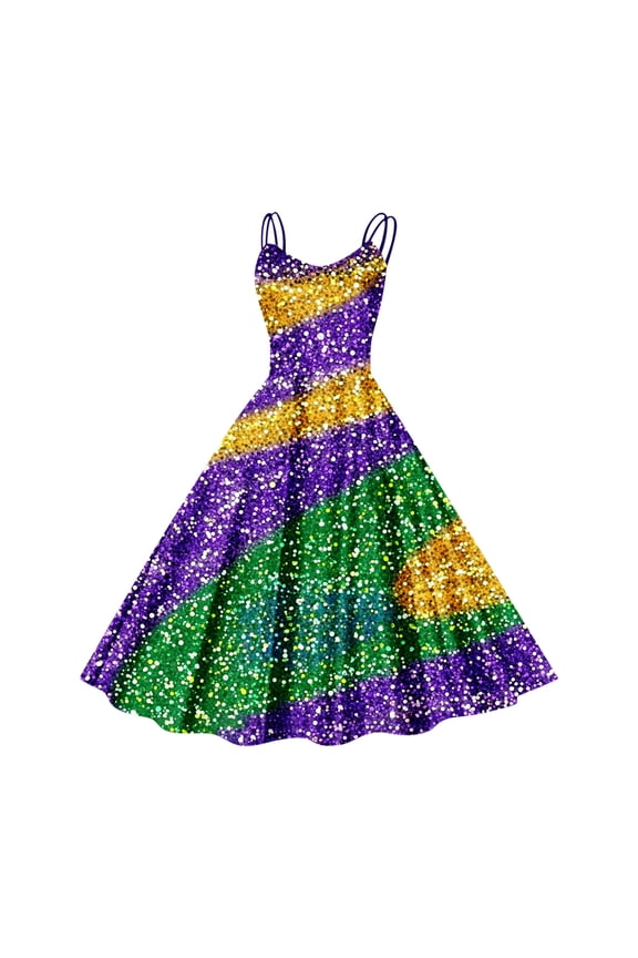 Up to 65% off!Mardi Gras Dress for Women Carnival Sparkling Printed Retro Glitter Spaghetti Strap Sleeveless Swing Flutter Strap Dress Multicolor 10(XL)