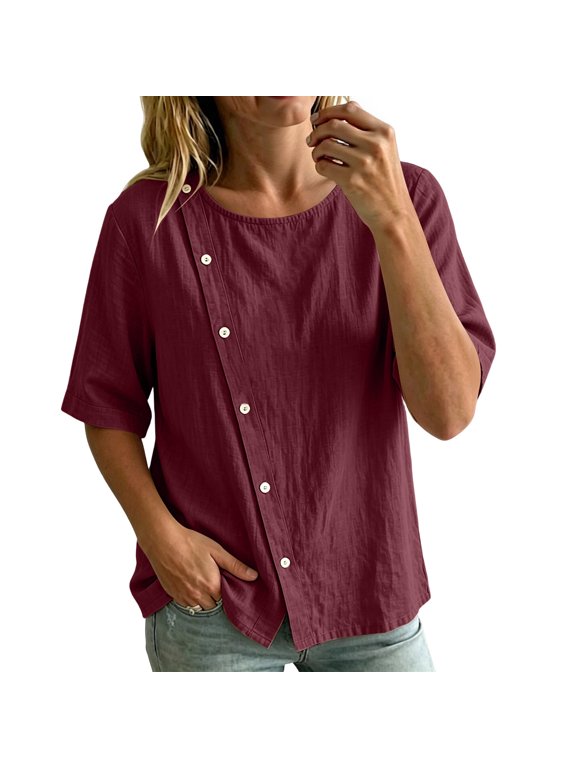 Asymmetric Shirts for Women Short Sleeve Crewneck Button Down Tops Boho Dressy Loose Fit Summer Gauze Tops Wine-B