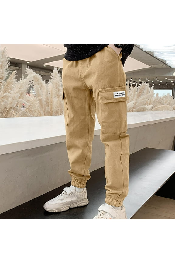 Boys Cargo Pant Fashion Children Work Pants Solid Color Multi-Pockets Guard Casual Outwear Pants Khaki 11 Years