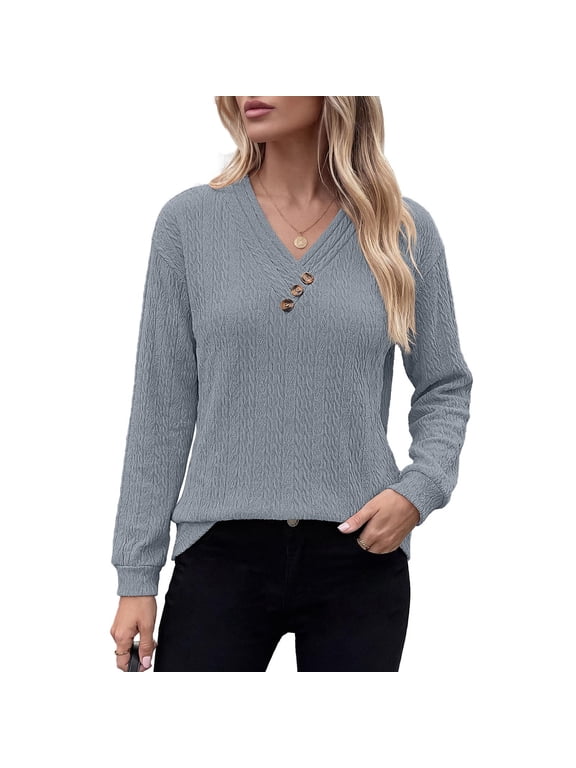 Button Down Shirt for Women Long Sleeve V Neck Henley Shirt Womens Solid Color Loose Casual Blouse Gray
