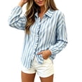 thumbnail image 1 of CaComMARK PI Button Down Shirts for Women Striped Long Sleeve Ruffle Lapel Travel Summer Going Out Shirt Blue, 1 of 8