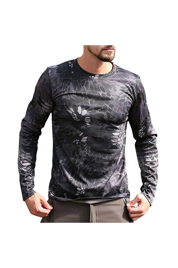 Camouflage Shirts for Men Long Sleeve Moisture Wicking Summer Lightweight Breathable Snug Camouflage Quick Drying Long Sleeved Round Neck Tops