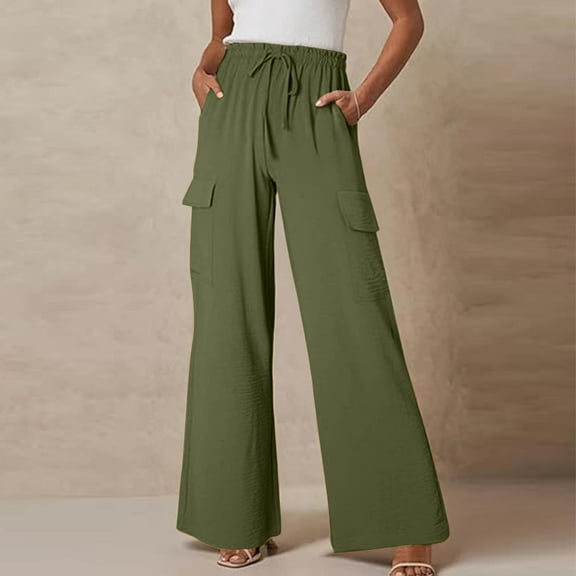 CaComMARK PI Cargo Pants for Women Casual Lightweight Wide Leg Beach Pants Drawstring High Waisted Elastic Waist Solid Loose Trousers with Big Pockets