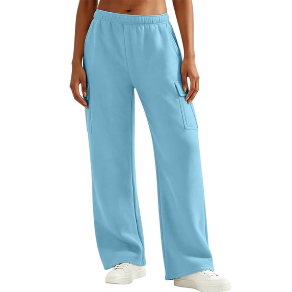 CaComMARK PI Cargo Sweatpants for Women Wide Leg Baggy Drawstring High Waisted Pants Casual Loose Sweatpants with Pockets Light Blue
