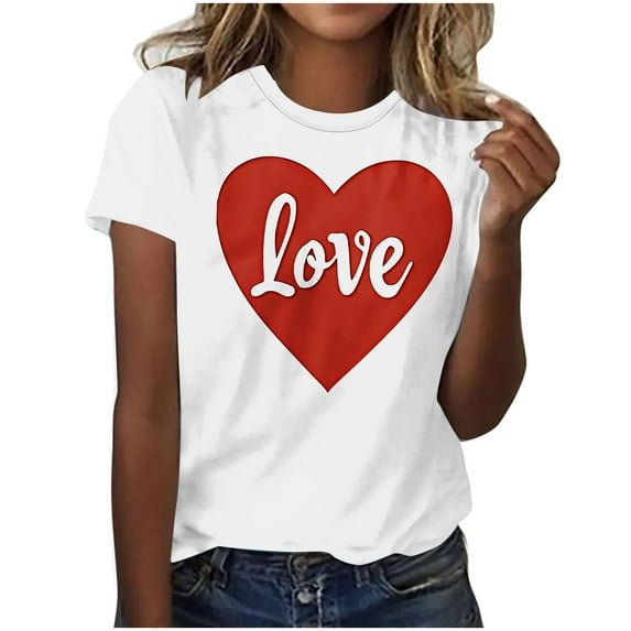 CaComMARK PI Christmas Clearance Sale Valentine's Day Shirt for Women Plus Size Short Sleeved Crew Neck Hearts Print Casual Top Shirt White 14(3XL)