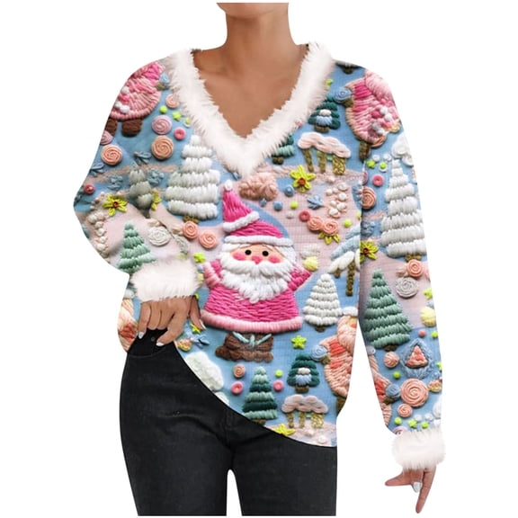 CaComMARK PI Clearance 2023 New Ugly Christmas Sweaters for Women Cute Fuzzy V Neck Wintertime Holiday Parties Knitted Pullover Sweater Santa Sky Blue