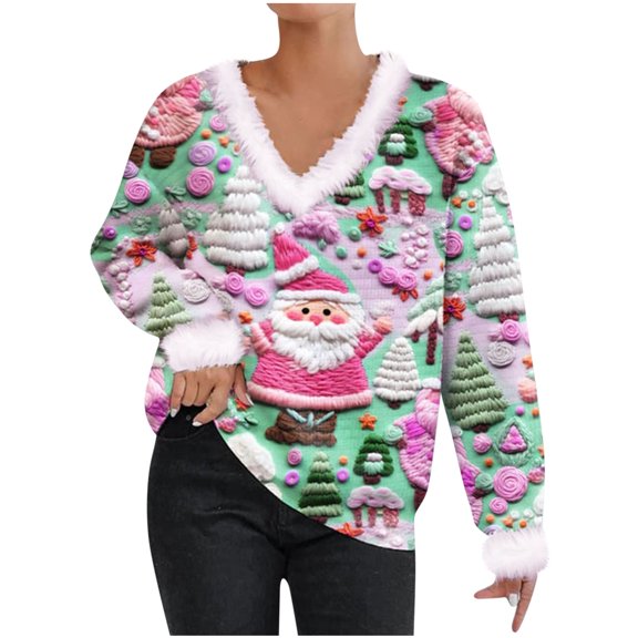 CaComMARK PI 2023 New Ugly Christmas Sweaters for Women Cute Fuzzy V Neck Wintertime Holiday Parties Knitted Pullover Sweater Santa Green
