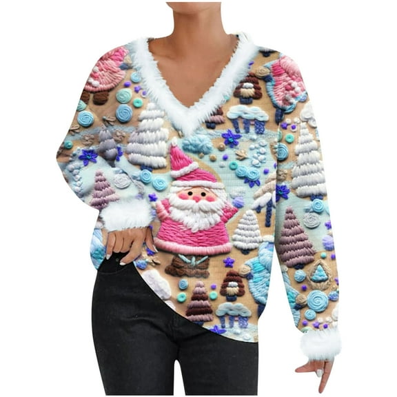 CaComMARK PI 2023 New Ugly Christmas Sweaters for Women Cute Fuzzy V Neck Wintertime Holiday Parties Knitted Pullover Sweater Santa Khaki