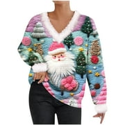 CaComMARK PI Clearance 2023 New Ugly Christmas Sweaters for Women Cute Fuzzy V Neck Wintertime Holiday Parties Knitted Pullover Sweater Santa Pink