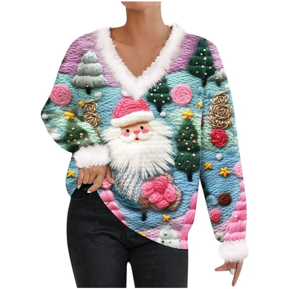 CaComMARK PI 2023 New Christmas Sweaters for Women Cute Fuzzy V Neck Wintertime Holiday Parties Knitted Pullover Sweater Santa Pink