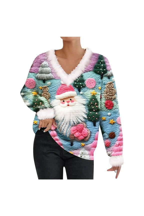 2023 New Christmas Sweaters for Women Cute Fuzzy V Neck Wintertime Holiday Parties Knitted Pullover Sweater Santa Pink