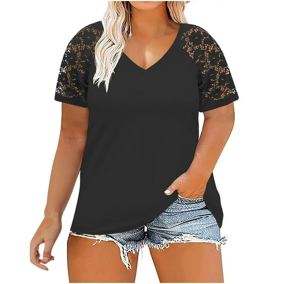 CaComMARK PI Clearance 2024 Womens Plus Size Tops Casual Summer T Shirt Solid Color Lace V Neck Short Sleeve Loose Blouse Cheapest on Sale Black 12(XXL)