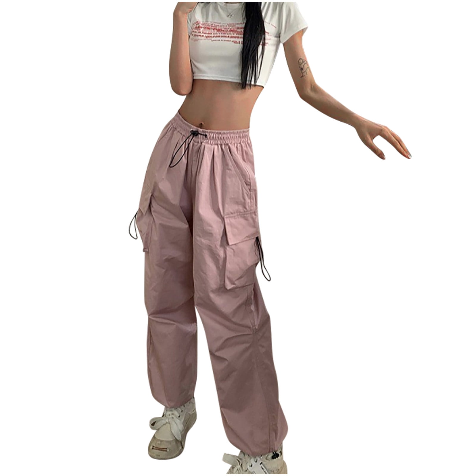 CaComMARK PI Capris/Cargo Pants for Women Plus Size Ladies Solid Hippie  Punk Trousers Streetwear Jogger Pocket Loose Overalls Long Trousers Pink 