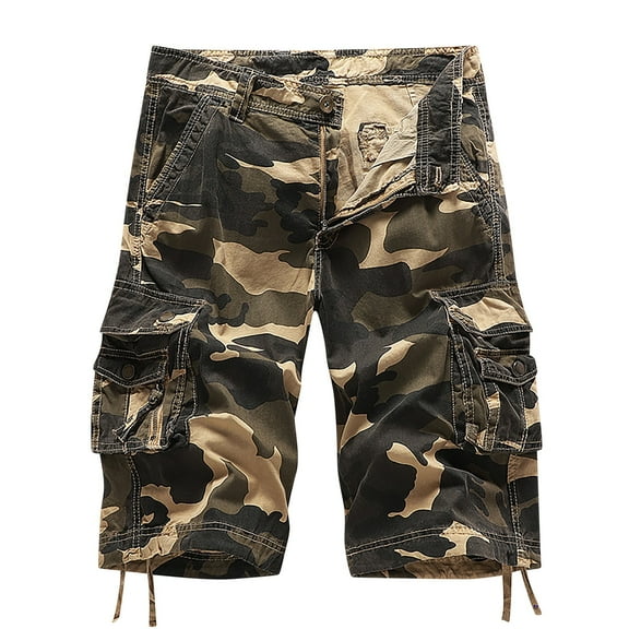 CaComMARK PI Cargo Shorts for Men Camo Multi Pocket Fashionable Casual Workwear Shorts Camouflage Outdoor Twill Cargo Shorts Khaki 8(32)