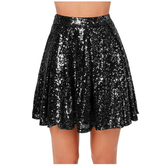 CaComMARK PI Women's Sequin Skirts Short Pleated Fashion 2025 Sparkly Skirt for Party Black 6(M)