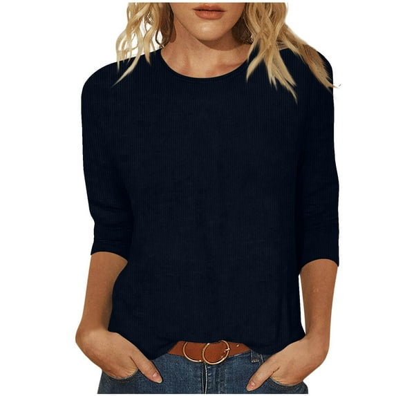 CaComMARK PI Clearance Corduroy Shirts Tops for Womens 3/4 Sleeve Crew Neck Fashion New Casual Solid Color T-Shirt Loose Top Navy 5XL(5XL)