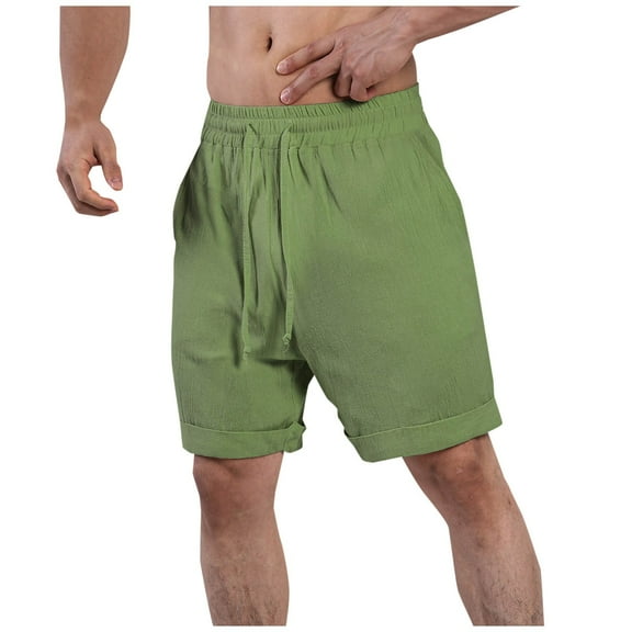 CaComMARK PI Cotton Linen Shorts for Men Casual Beach Shorts Fashion Solid Color Elastic Rope Waist Casual Fitness Sports Shorts Army Green 8(L)