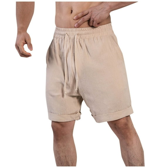 CaComMARK PI Cotton Linen Shorts for Men Casual Beach Shorts Fashion Solid Color Elastic Rope Waist Casual Fitness Sports Shorts Beige 4(S)