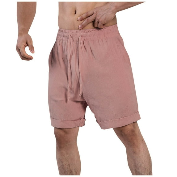 CaComMARK PI Cotton Linen Shorts for Men Casual Beach Shorts Fashion Solid Color Elastic Rope Waist Casual Fitness Sports Shorts Red 4(S)