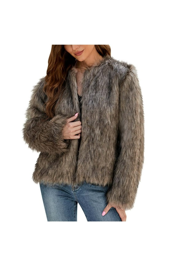 Faux Fur Jacket Women Long Sleeve Open Front Cropped Cardigan Warm Winter Shaggy Fluffy Short Fur Coat Brown 4(S)