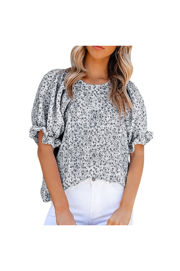 CaComMARK PI Floral Print Blouses for Women Crewneck Smocked Puff Sleeve Shirts Casual Babydoll Tops Black 10(XL)